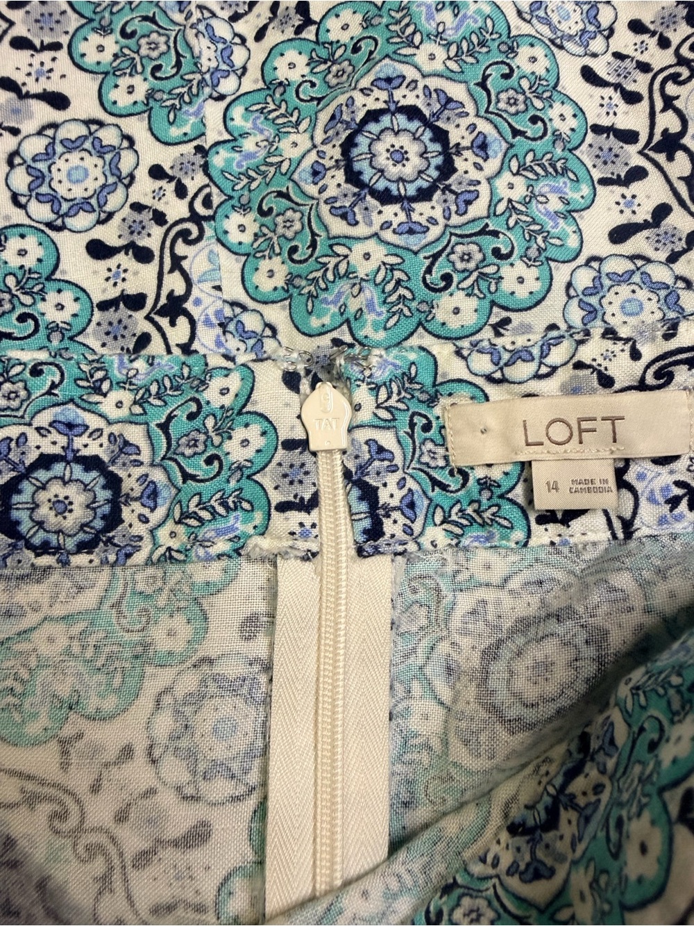 LOFT Teal and Blue Floral Medallion Linen Blend Ruffle Wrap Skirt Women Size 14 - Picture 4 of 7